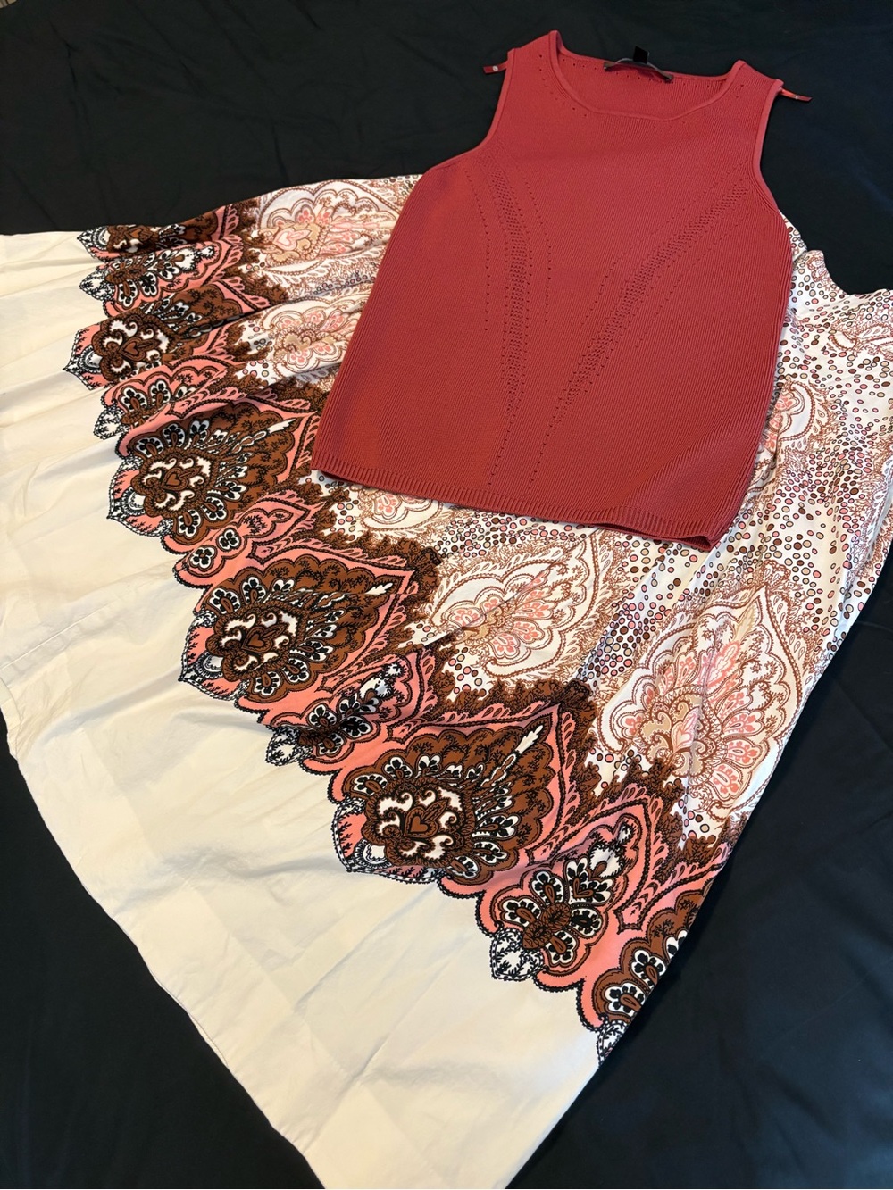 White House Black Market Burnt Orange, Cream and Brown Patterned A-line Skirt
